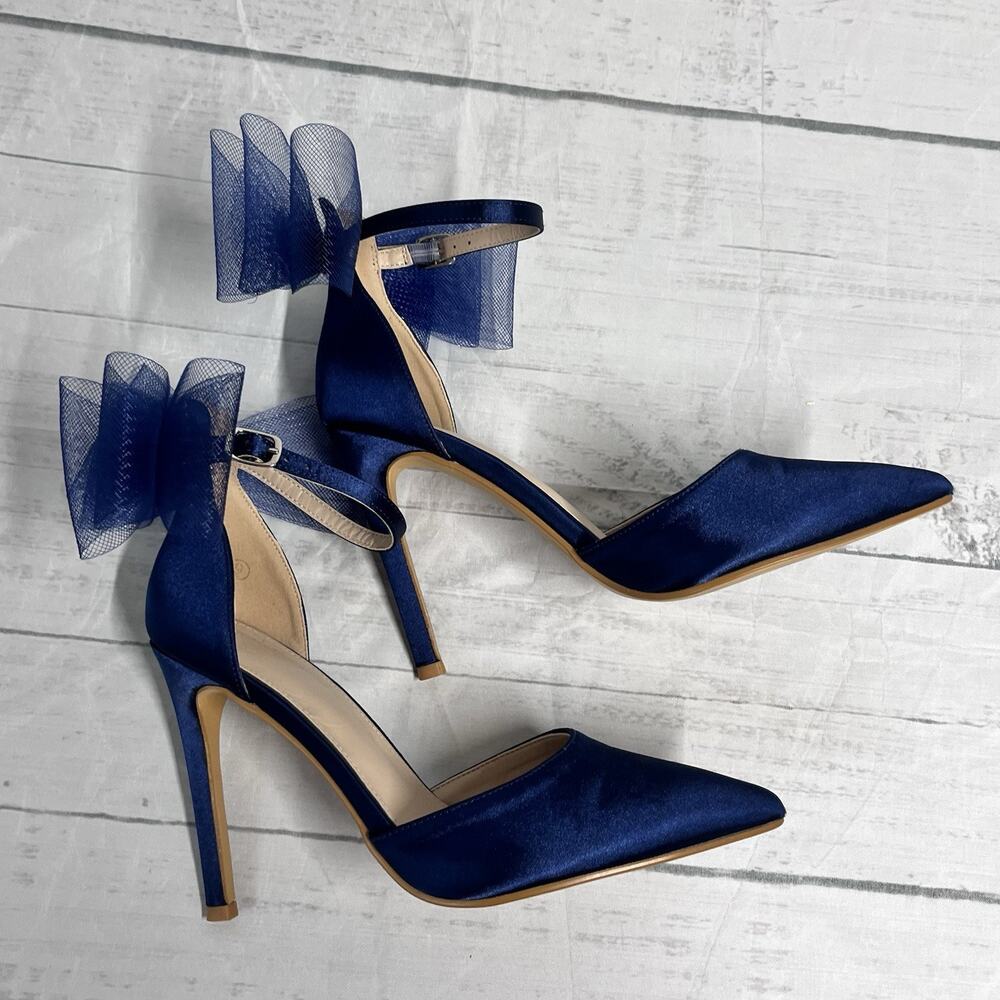 Navy Blue Satin Ultra High Heels Shoes size 9 Mesh Bow Prom Wedding Cocktail - Picture 10 of 12